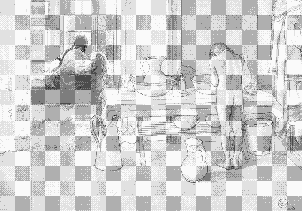 Ein Schwammbad. “Sommermorgen”, ein Gemälde von Carl Larsson, 1908.