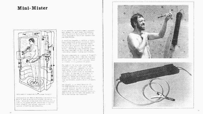 Links: Nebeldusche entwickelt von NASA. Rechts: Nebeldusche entwickelt von der Kanadischen Minimum Housing Group. Beide aus den 1970er Jahren. Quelle: 7