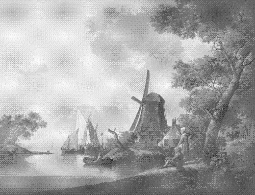 summer landscape with windmill and boat