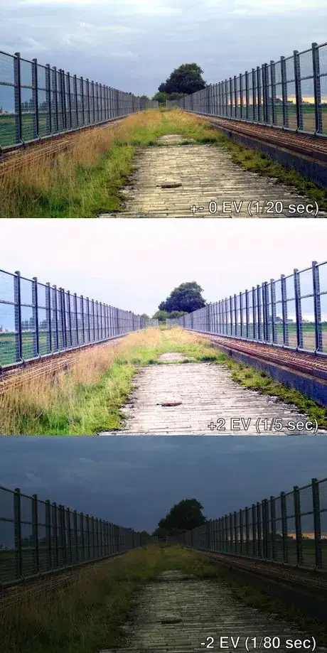 Image titled The goal is to end up with three exposures: one normal (top), one overexposed (middle), one underexposed (bottom).