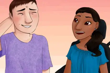 Image titled Blushing Man and Woman in Wheelchair.png