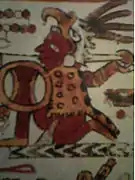 A Mixtec warrior wearing a jaguar skin and a helmet in the shape of a bald eagle's head. Codex Selden, p.&nbsp;17.