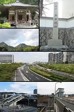 top left:Bodai-ji; right: Sanda Castle
2nd row: Sanda Castle
3rd row:Kitasettsu Sanda New Town
4th row left:JR Sanda Station; right:Aono Dam