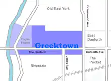 Location of GreektownΓκρικτάουν (Greek)The DanforthΤο Ντανφόρθ (Greek)